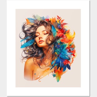 Boho Chic Goddess, Enchanting Feather Headdress Woman (Vibrant) Posters and Art